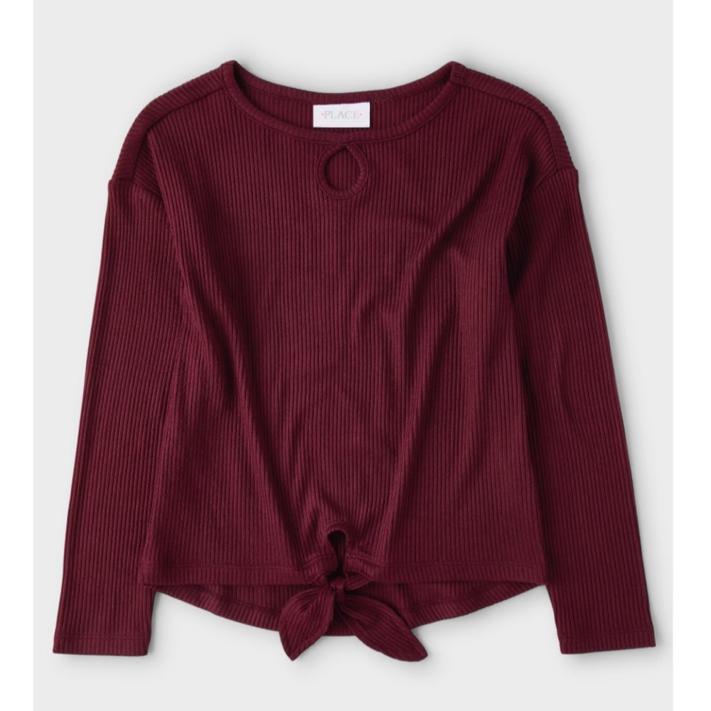 NWT: Burgundy Long Sleeve Ribbed Top with tie down knot.